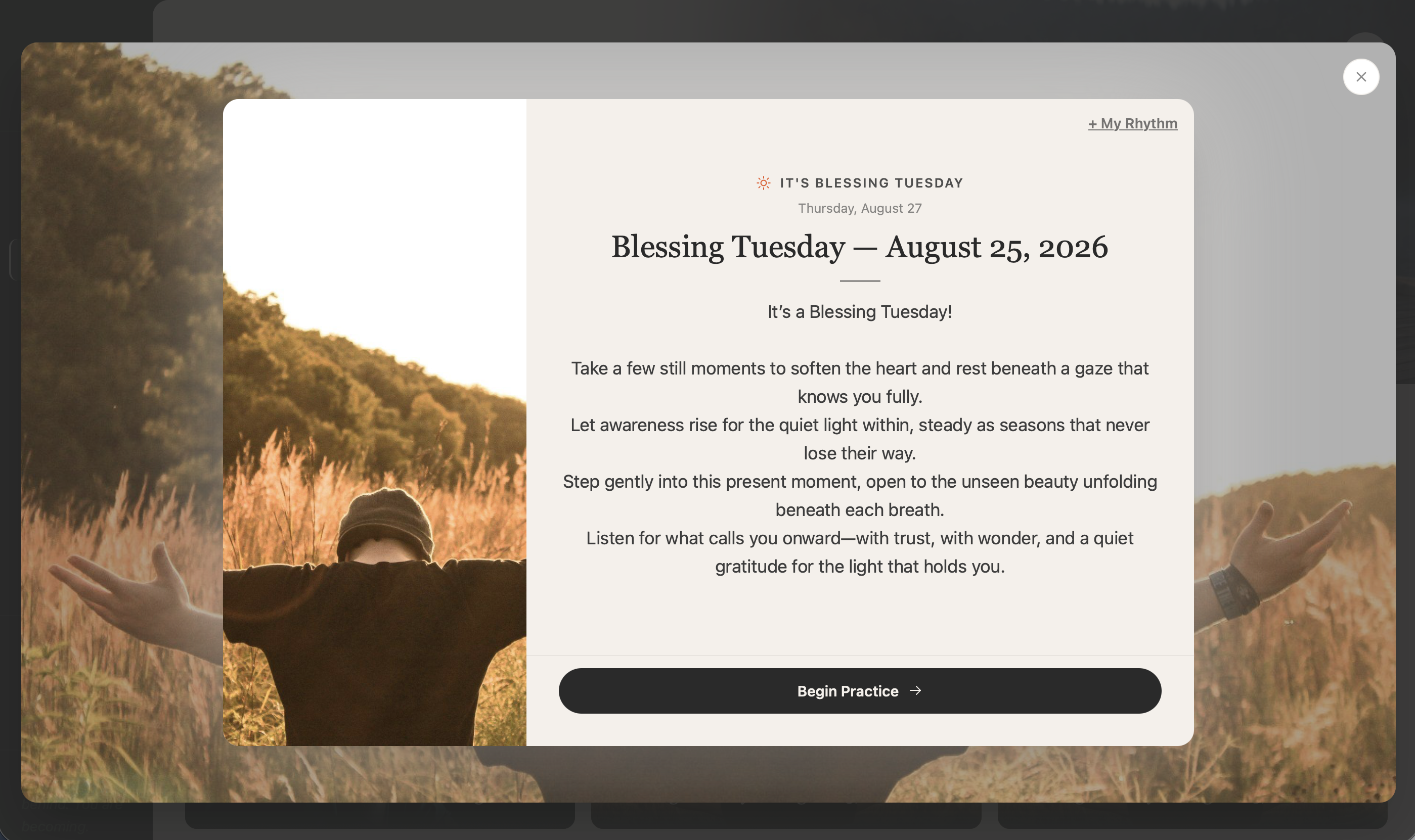 My Reorient Blessing Tuesday practice screen shown on a tablet