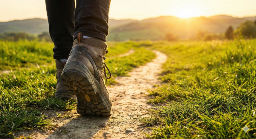 A person walking along a sunlit path